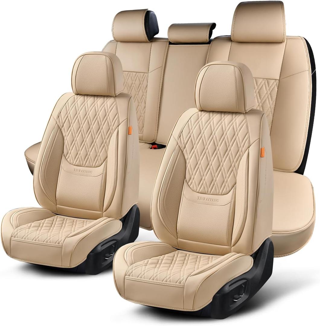 Car Seat Covers Full Set, Breathable Leather Automotive Front and Rear Seat Covers, Car Seat Protectors Full Set,Universal Automotive Vehicle Seat Cover for Most Sedan SUV Pick-up Trucks, Beige