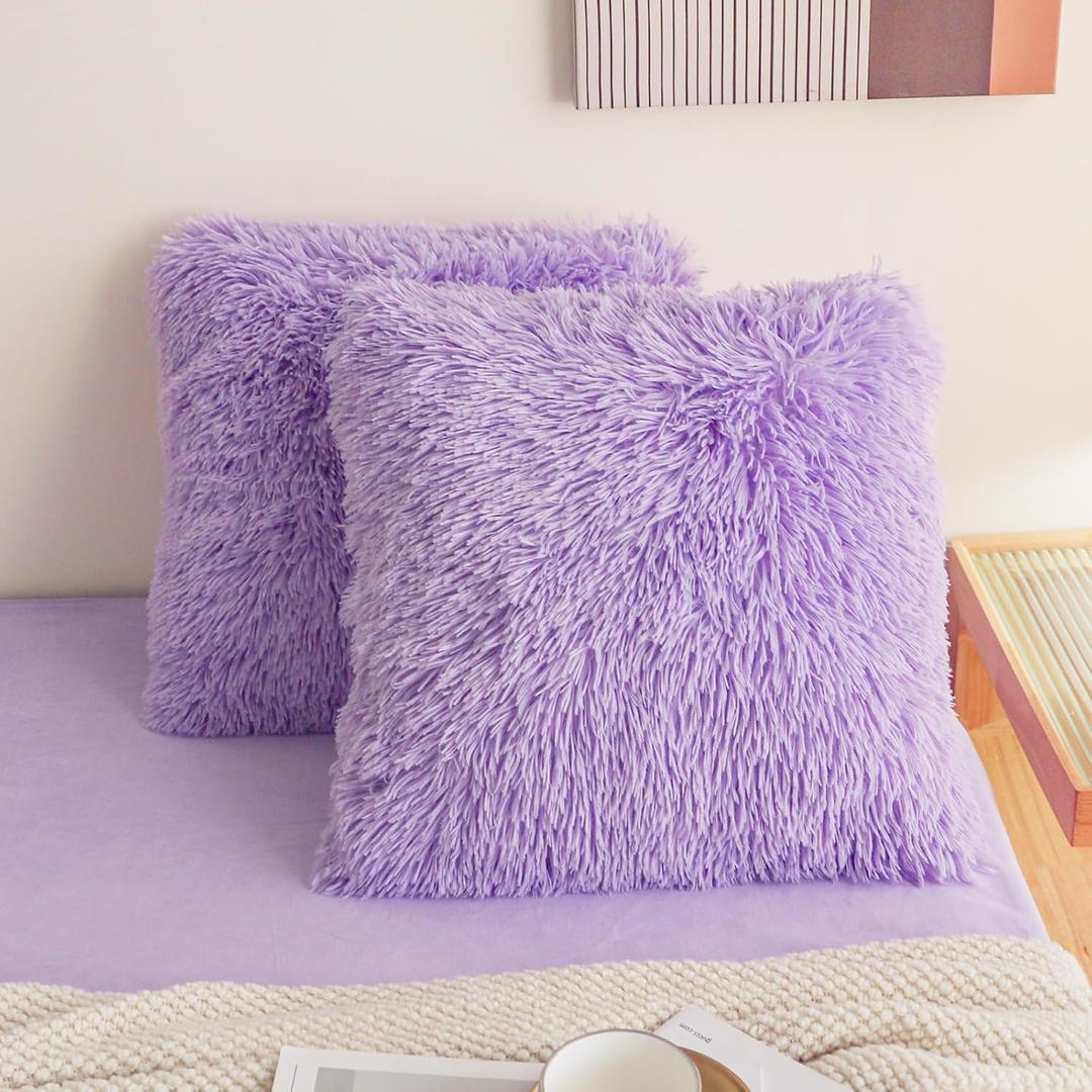 Faux Fur Lavender Throw Pillow Covers, Fluffy Soft Fuzzy Decorative Pillow Cases Cute Pillowcases for Home Bedroom Living Room, Zipper Closure, Set of 2 (Lavender, 18"x 18")