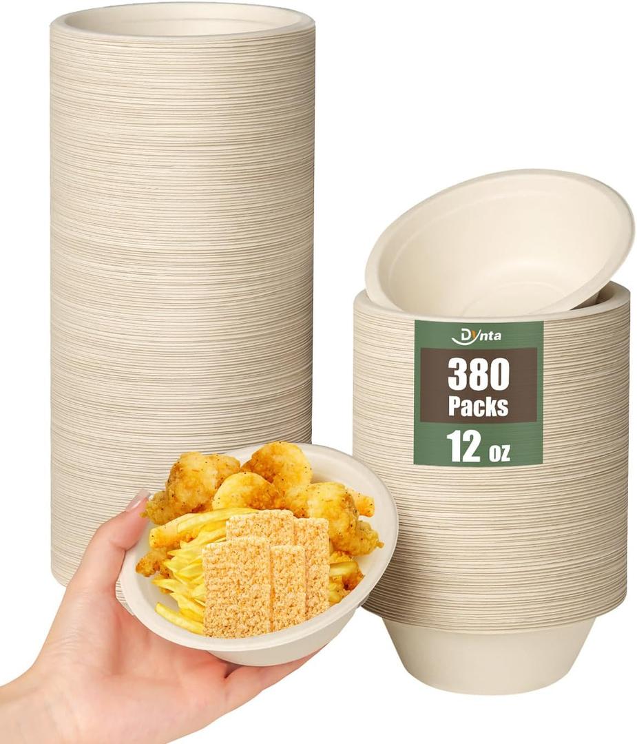 Dynta 380 Pack 12oz Paper Bowls, Small Compostable Disposable Bowls for Parties, Desserts| Microwave & Freezer Safe(Natural Brown)