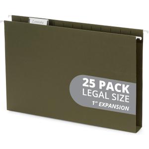 25 Blue Summit Supplies Legal Size Hanging File Folders - Expandable Hanging File Folders with 1" Expansion, Standard Green, Durable 12pt Paper, Includes 25 Plastic Tabs and Inserts