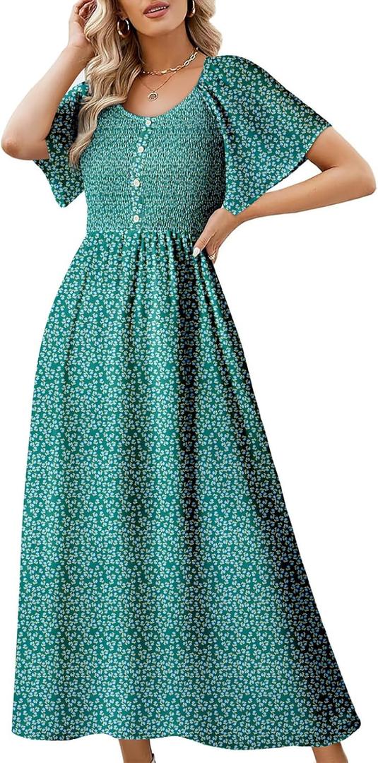Dokotoo Womens Dresses 2025 Square Neck Tie Backless Summer Dresses Cap Sleeve Floral Buttoned Empire Waist Maxi Dress (M)