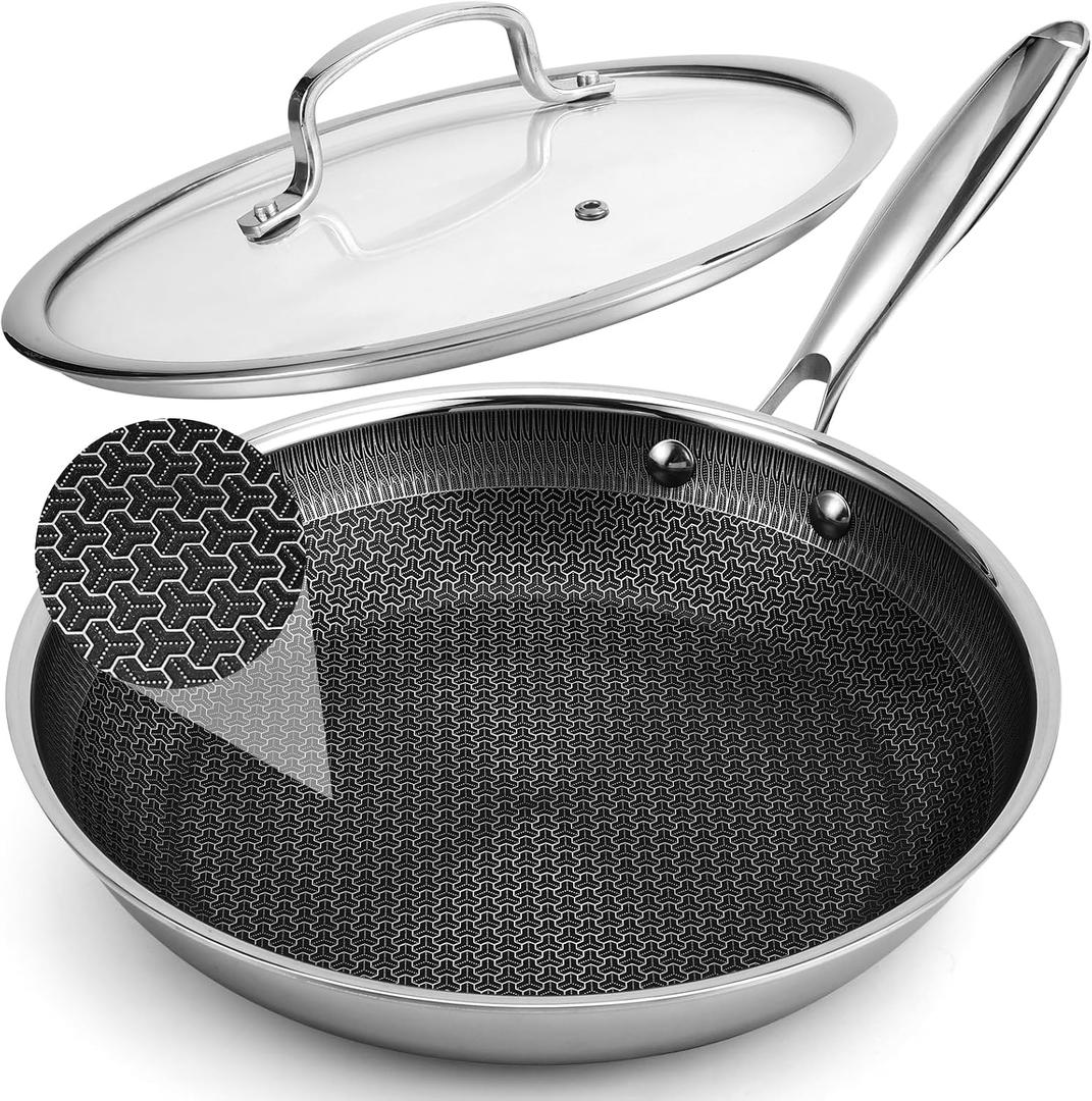 12 Inch Hybrid Non Stick Frying Pan Set Skillet Stainless Steel Skillet Chef's Pan with Matching Lid, PFOA-Free Non-Toxic Cookware, Dishwasher & Oven Safe, Induction Compatible All Cooktop