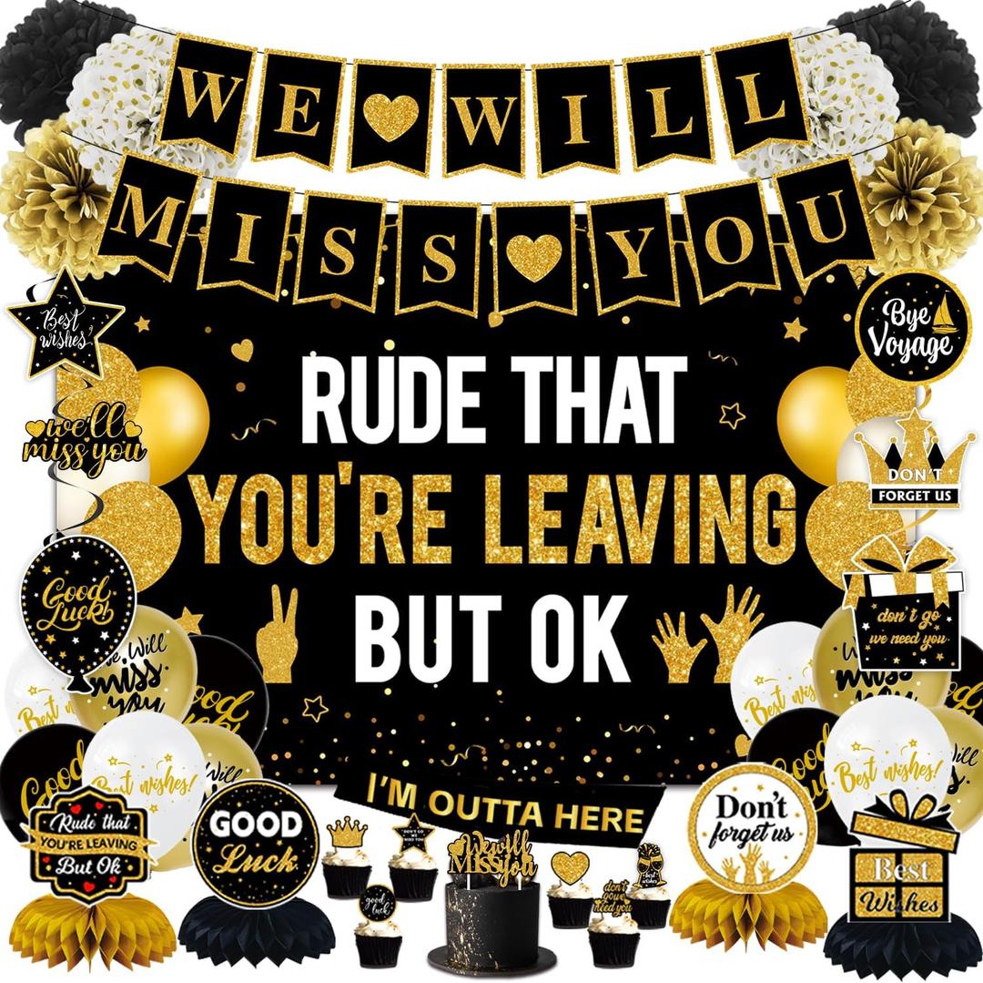 We Miss You Party Decorations for Men Women, Farewell Decorations Party Includes Rude That You'Re Leaving But Ok Banner Backdrop Honeycomb Centerpiece, Going Away Party Decorations