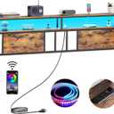 King Headboard with Storage, Bed Head Board with Outlets and USB Ports, Sturdy King Size Headboard Only with LED Lights, for Dorm, Easy Assemble, Rustic Brown (Wood Board)