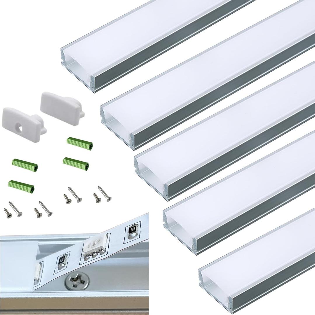 5-Pack Pre-Drilled Countersunk Hole 3.3FT/100CM LED Strip U Channel Diffuser, Hacksaw Easy Cut Flush Mounted Under Cabinet Tape Light Aluminum Track Low Profile with Mounting Spares
