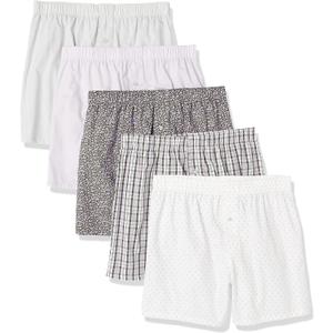 Amazon Essentials Men's Woven Cotton Boxer Short Underwear , Pack of 5 (Arrow Geo/Bright White/Olive Ditsy Floral/Plaid/White, 2XL)