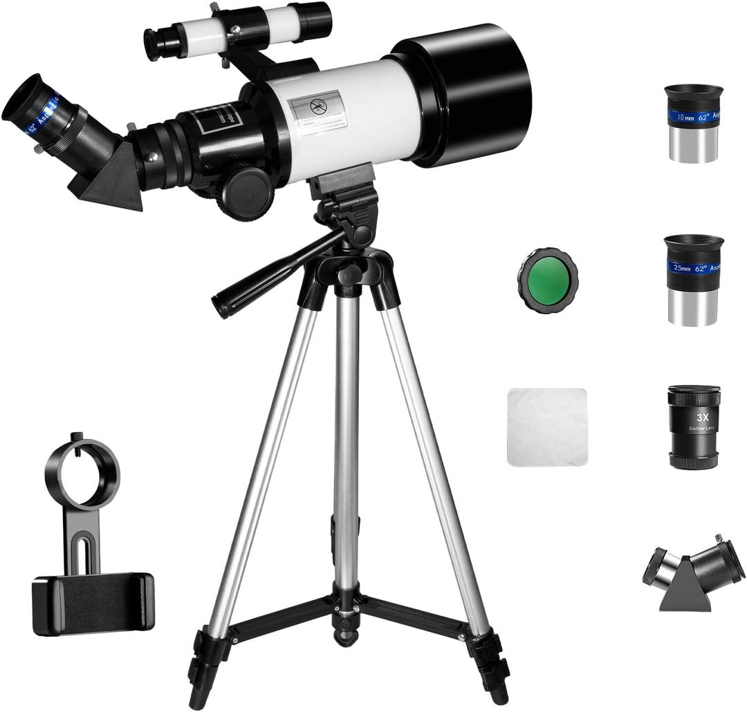 WOSPORTS 70mm Refractor Telescope, 300mm, 3X Barlow, Phone Adapter | Finder Scope, Moon Filter, Adjustable Aluminum Tripod, Portable Astronomy Telescope for Beginners