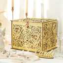 Glittery Gold Wedding Card Box with Lock, Wooden Gift Card Box for Wedding Reception, Elegant Wedding Money Envelope Card Box Holder for Party Graduation Birthday Baby Shower Decorations