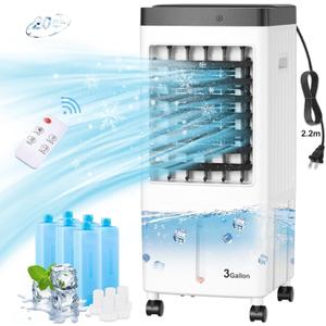 Evaporative Air Cooler, Swamp Cooler with 3 Gal Water Tank, 20H Cooling Time Swamp Cooler Air Conditioner, 80oscillation,Portable Cooling Fan for Office/Room/Garage/Kitchen(Include 6 Ice Packs)