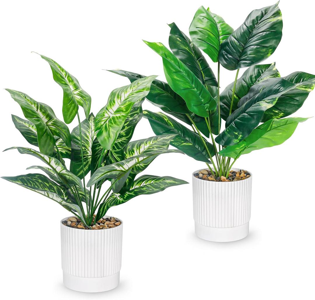 Der Rose 2 Pack 16 Fake Plants Artificial Tropical Plants Indoor in White Pot for Home Office Desk Accessories Bathroom Sage Green Decor White