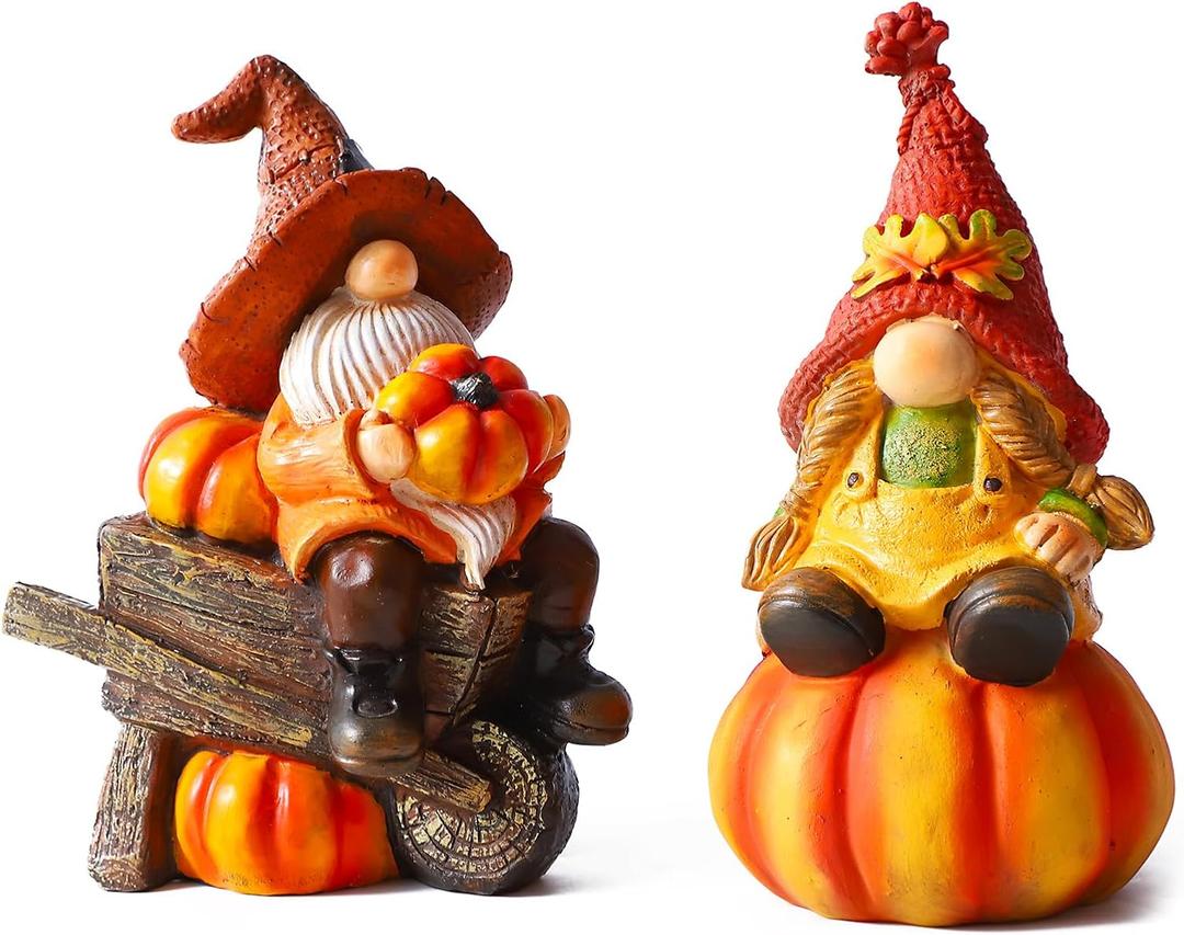 BUTILIVEEN Thanksgiving Gnomes with Pumpkin Figurines, Fall Gnomes Decorations for Tabletop, Mantle and Shelf, Autumn Garden Statue Decor, Hand-Painted, Resin, 7.5Inch