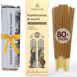 Calmveda Church Frankincense and Myrrh Incense - 80 Sticks, Charcoal Free, Handmade from Upcycled Flowers, Spiritual Healing Incense