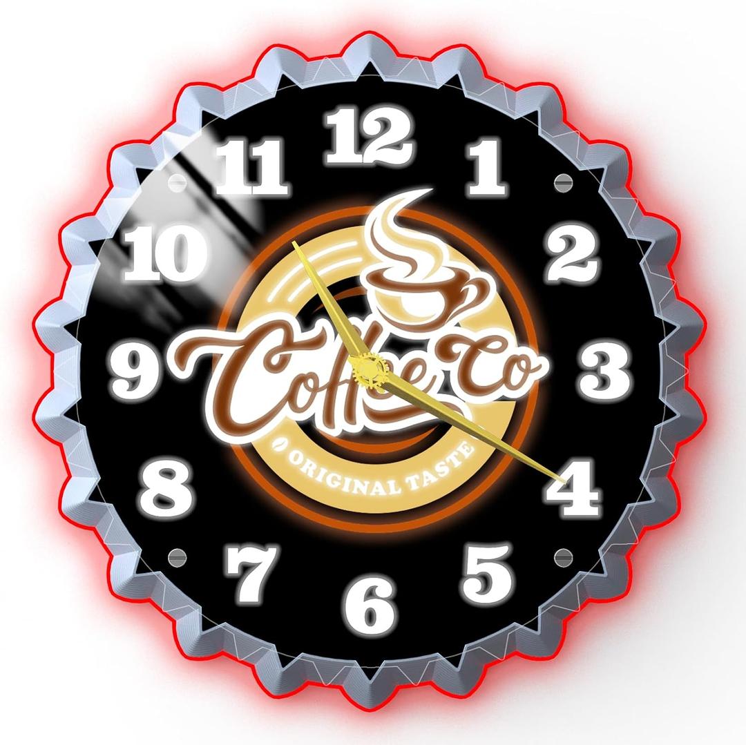 Neon Wall Clock, 12 Inch with Coffee Themed Graphics, 3D Glow Effect, Silent Non Ticking, Ideal for Coffee Shops, Cafs, Game Rooms, Bars, Living Rooms, and Offices Decor