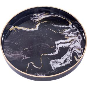 MAONAME 13" Round Decorative Tray, Marbling Plastic Tray with Handles, Coffee Table Trays for Ottoman, Kitchen, Bathroom, Black