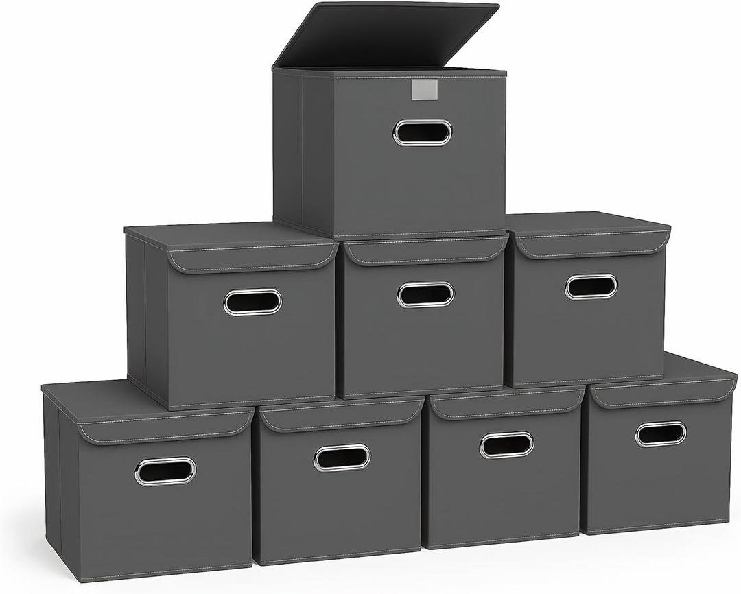 Closet Organizers Fabric Storage Bins With Lids Collapsible Cube Storage Organizer Basket With Handles,Storage Boxes for Clothes Storage,Office,Laundry,Shelves,8 Pack,（Grey）