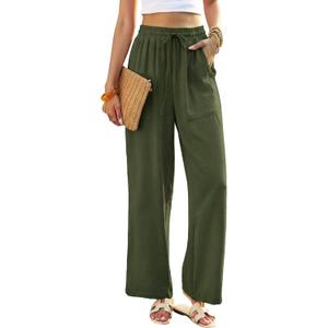 Women's Linen Wide Leg Pants Green, Beach Cover Up Palazzo Pant, High Waisted Casual Pant for Travel Teacher (XL)