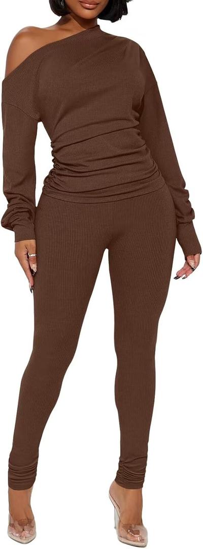 Sexy 2 Piece Outfits for Women One Off Shoulder Tops Ribbed Pant Set Tracksuit Clubwear (Medium)