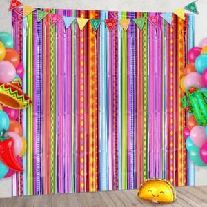 Mexican Fiesta Party Decorations, 2 Pack Rainbow Colors Foil Curtains Tinsel Streamers Backdrops for Cinco de Mayo Posada Taco Bar Party Decorations Supplies