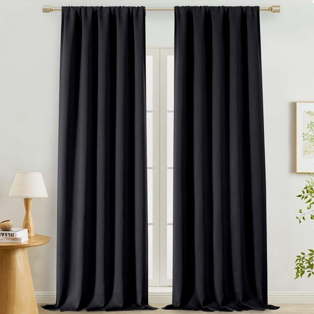 Lecloud Black Blackout Curtains 108 Inches Long 2 Panels, Thermal Insulated Rod Pocket Window Curtains, Privacy Black Out Window Treatments for Patio Living Room Bedroom Big Windows, 50" W x 108" L