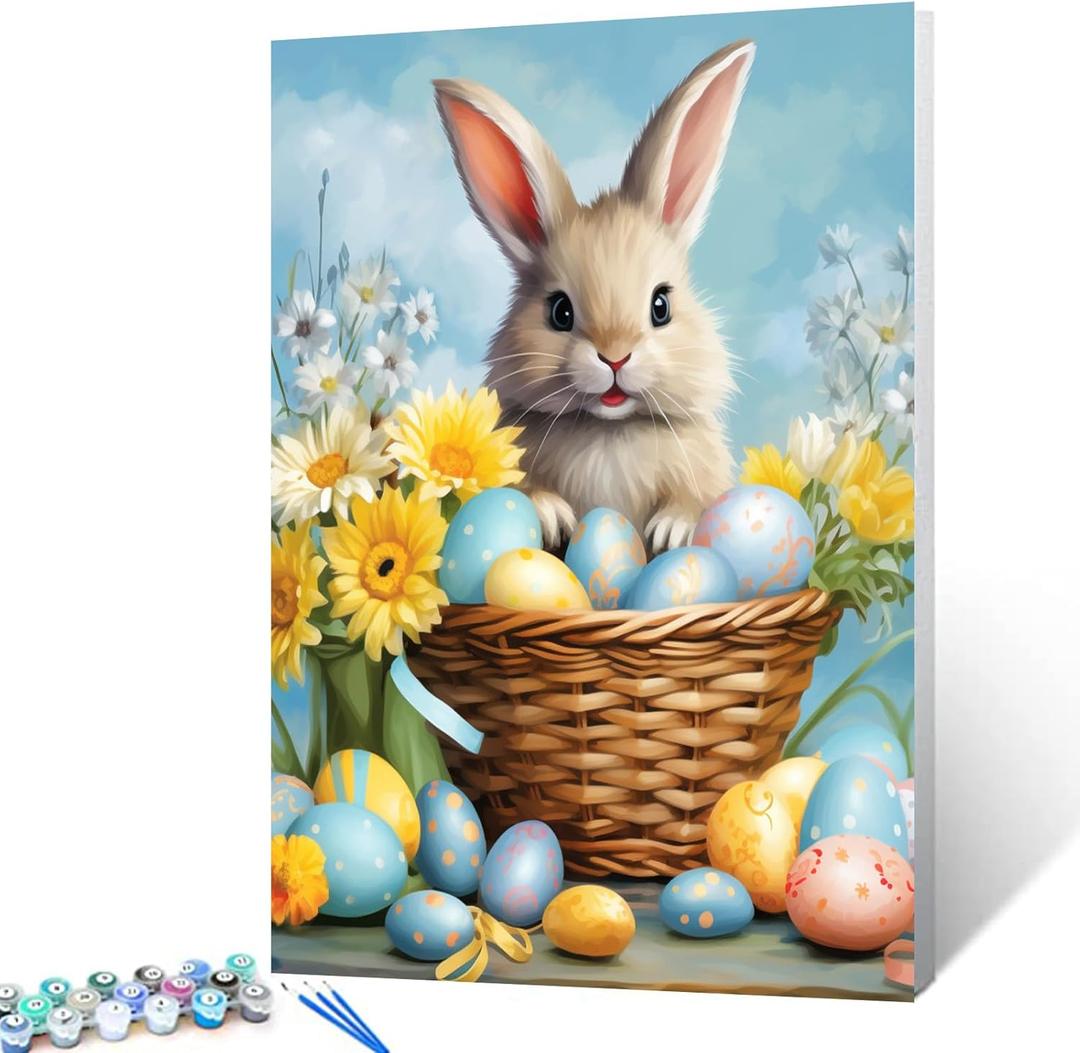 Easter Bunny and Baskets Filled with Easter Eggs Paint by Number Kits Canvas Acrylic Paint Cute Rabbits and Flowers DIY Oil Painting for Kids, Students, Adults Room Wall Decor 16x20In (DIY Frame)