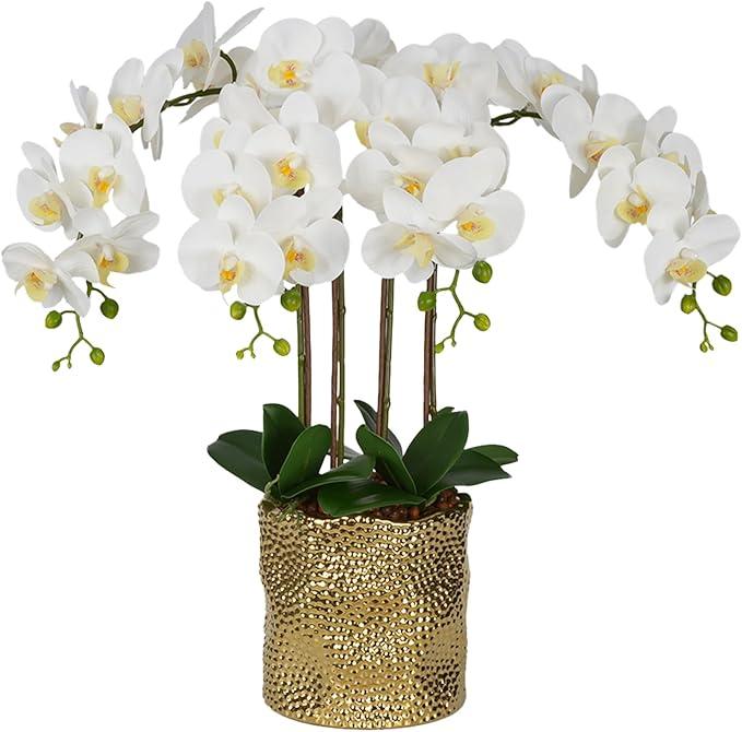 W&W Artificial Orchid Plants & Flowers Arrangement in Ceramic Pot, Fake Faux White Orchid with Gold Vase,Extral Large 26 inches