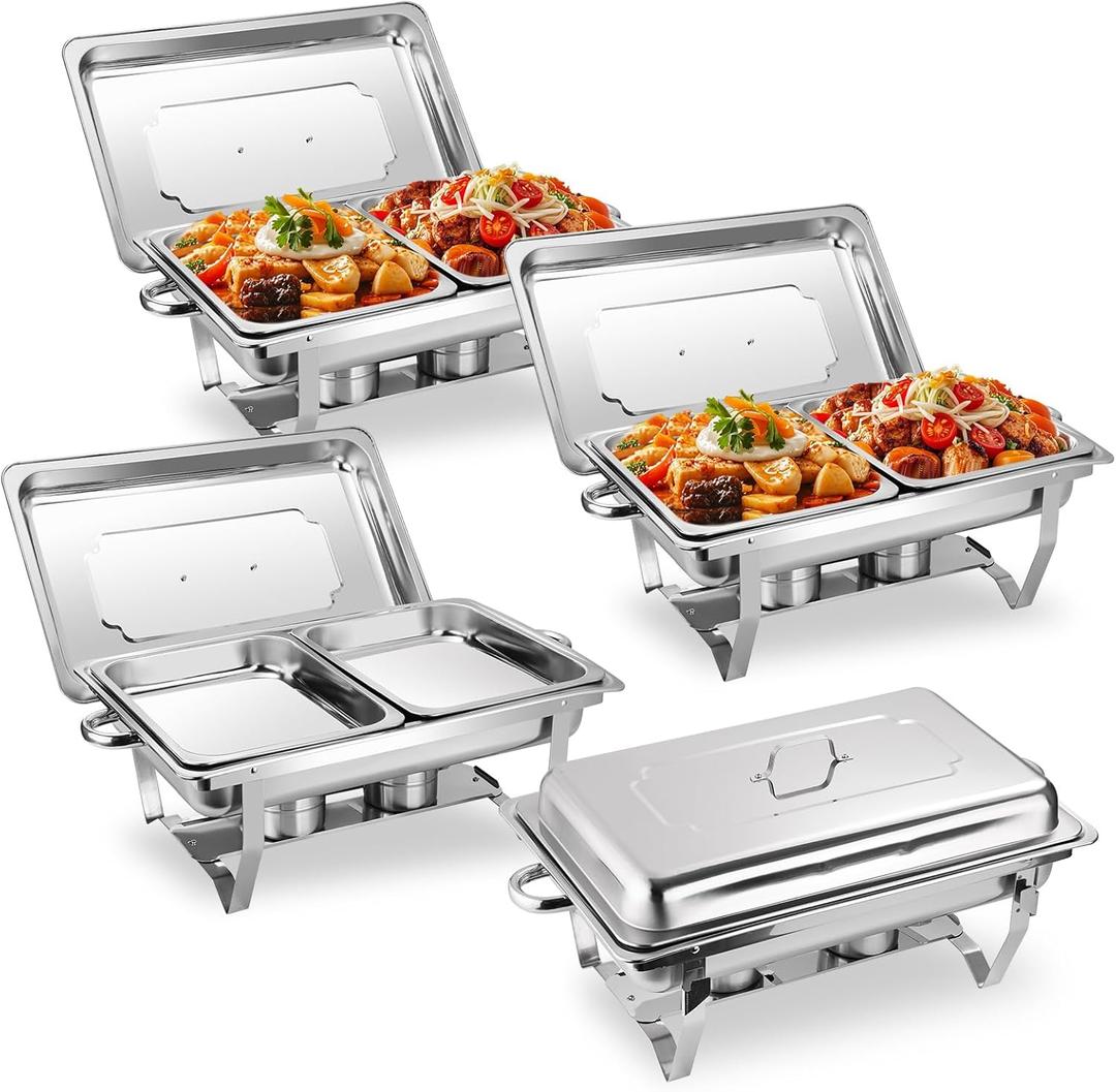Chafing Dishes for Buffet 4 Pack, 9 QT Stainless Steel Chafing Dish for Buffet with 1/2 Size Pan, Rolled-Edge Design Food Warmers for Parties, Buffet, Wedding, Birthday, Camping (Silver)