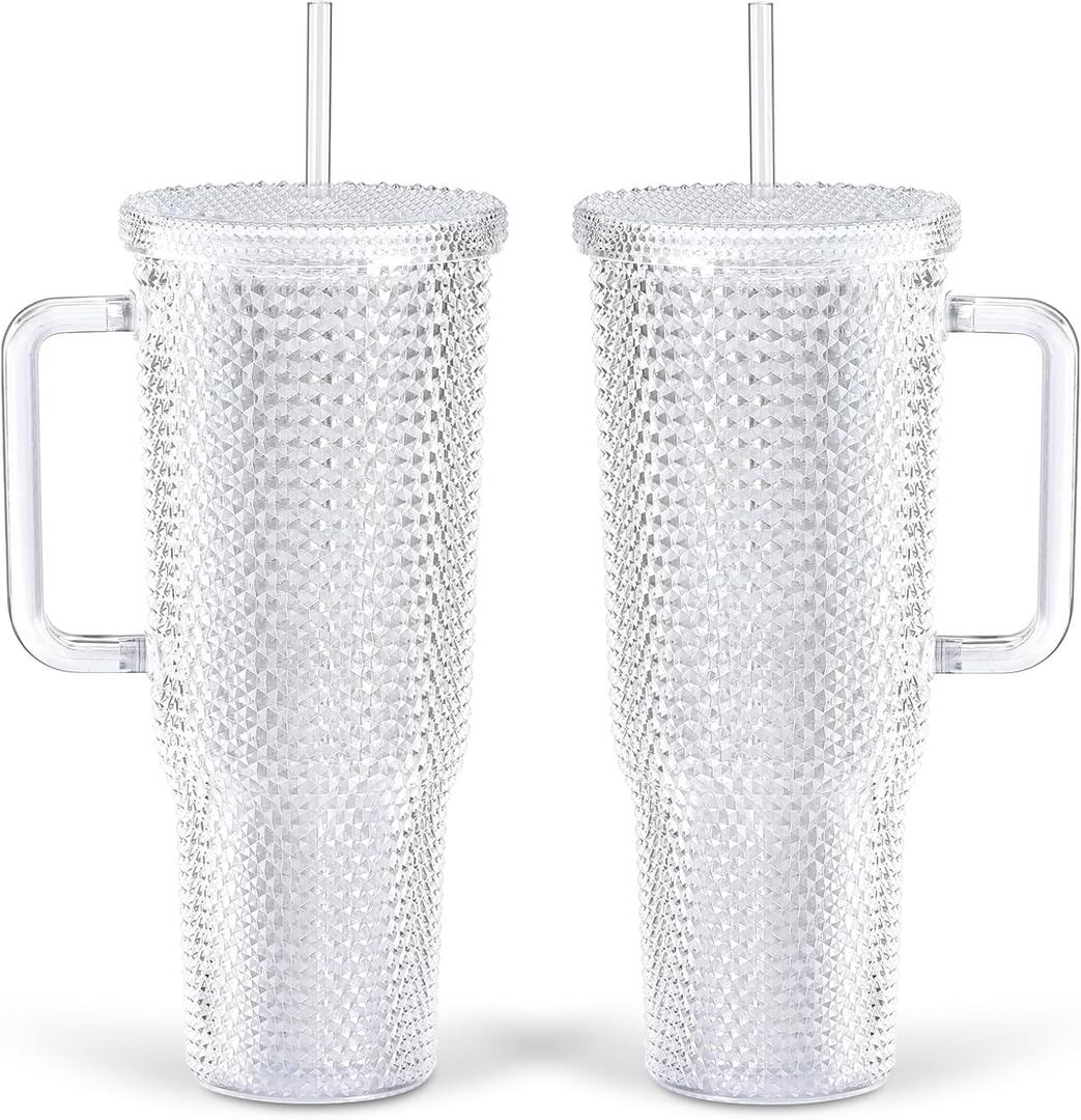 40 Oz Studded Tumbler with Handle, 2 Pack White Acrylic Bling Cup With Lid And Straw, BPA-Free Plastic Coffee Travel Cup Mug for Juice, Milk, Smoothie, Soda