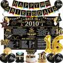 Holkcog Black Gold 16th Birthday Decorations, Back In 2010 Backdrop Decor, Banner Cake Topper Hanging Swirl Gold 16 Balloons Paper Fans Balloon for Boys, Vintage 2010 Party Supplies, 16 Girls Gifts