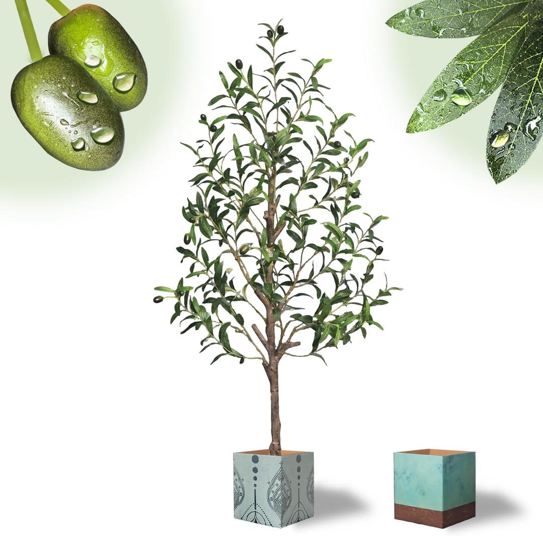 Artificial Olive Tree with Water Droplets: 4ft Potted Realistic Fake Plant Trees with Fruits for Indoor Home Room Office Balcony Decor (Green)