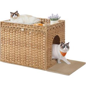 Feandrea Cat Litter Box Enclosure, Handwoven Rattan Hidden Litter Box Furniture with Extra Litter Mat, Removable Washable Tray, Boho Cat House, End Table, Goose Yellow UPCL014K01