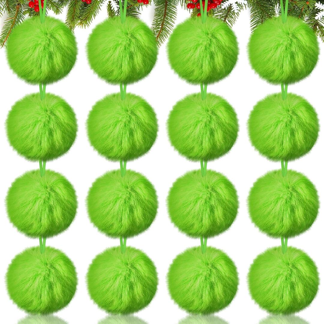 16 Pcs Lime Green Christmas Balls Ornaments 2.36 Inch Hanging Furry Christmas Tree Ball Faux Fur Pom Pom Hanging Ornaments for Xmas Indoor Wreath Fireplace Home School Office Decor