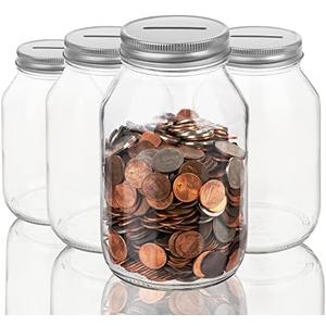 kitchentoolz Large Coin Bank Tip Jar with Slotted Silver Lid Holds Over $300 in Coins- Used for Piggy Bank and Raffle Ticket Drawing - Glass Money Jar Made in USA 4 pcs
