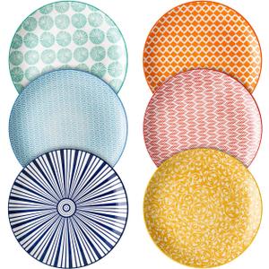 Selamica 8 inch Porcelain Dinner Plates, Large Size Serving Plate for Salad, Pancakes, Steak, Set of 6, Assorted Colors