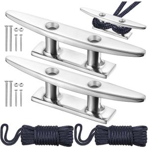 4 Pieces Boat Dock Cleats & Marine Rope Accessories, 2 Pcs 3/8 Inch x 15ft Double Braided Nylon Dock Lines 2 Pcs 4 Inch 316 Stainless Steel Boat Cleat Open Base with Installation Screws