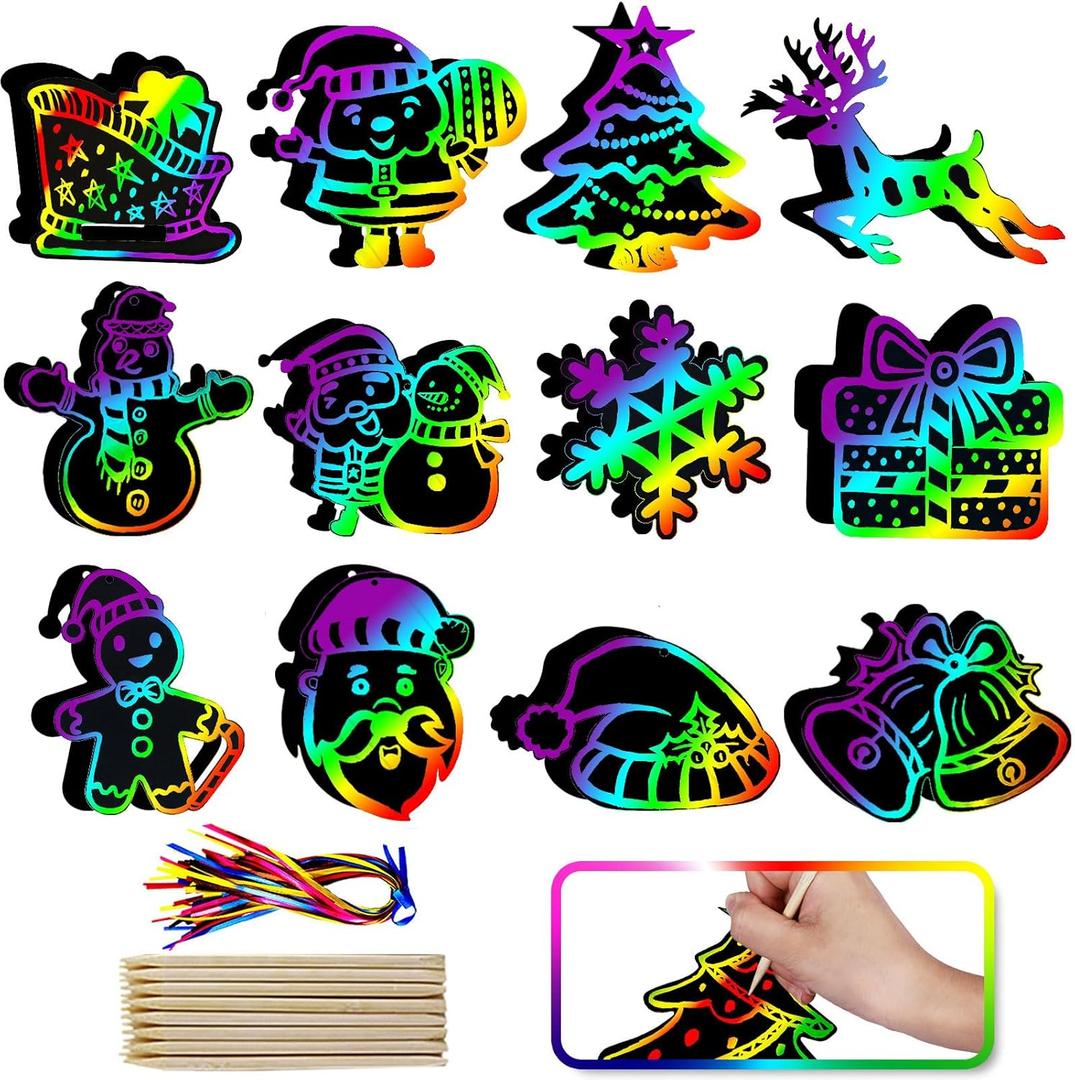 Max Fun Christmas Crafts Scratch Art for Kids, 96PCS Ornaments Rainbow Magic Color Scratch Off Cards Paper Hanging Art Craft Supplies Educational Toys Kit for Kid Party Favor