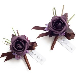 Ling's moment Boutonniere for Men, 2pcs Groom Groomsmen Guest Boutonniere, Artificial Flowers for Wedding/Prom/Homecoming, etc.Deep Purple