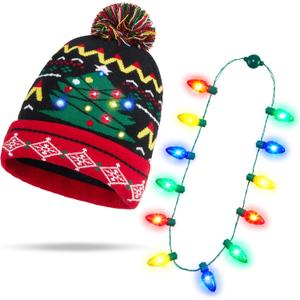 JOYIN 2 Pcs Christmas Hat with Light-up Necklace (12 Bulbs), Knitted Beanie Hat for Xmas, Winter Party Favor