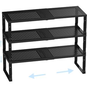 Cabinet Shelf Organizer, Spice Rack,Stackable, Expandable, Rust Resistant, Convenient Kitchen Storage, Metal Shelf for Kitchen, Countertop, Restroom(3Packs/Black,Medium)