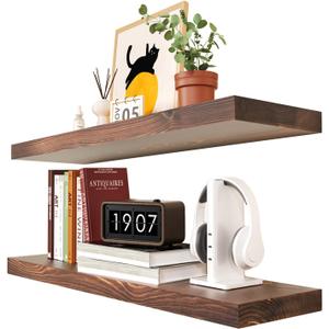 Habudda Floating Shelves Set of 2, Natural Pine Wood Shelf for Bathroom Bedroom Kitchen, 30 inch Long, Rustic Decor, Walnut