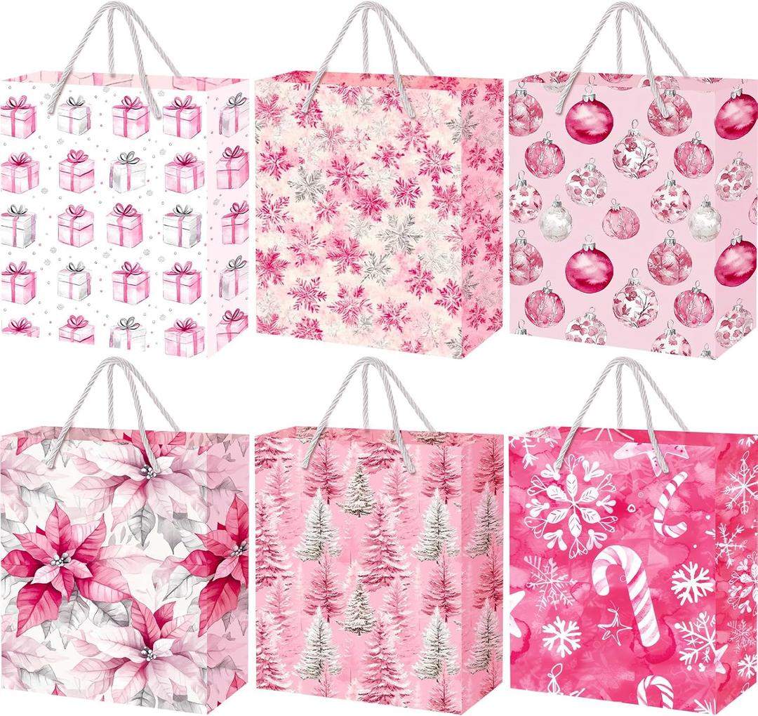 Hillban 12 Pcs Pink Christmas Medium Gift Bags with Ribbon Handles Christmas Holiday Goody Treat Bags Bulk with Xmas Prints for Xmas New Year Winter Party, 9 x 7 x 4 in