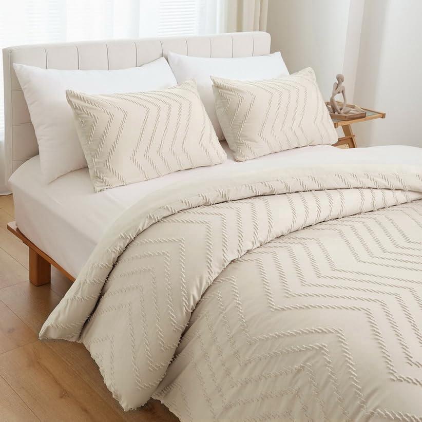 YIRDDEO Beige Twin Size Comforter Set 2Pcs, Boho Cream Farmhouse Bedding, Vertical Tufted Lightweight Neutral Bedroom Set (1 Comforter, 1 Pillowcase)