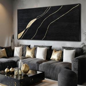 Gold and Black Abstract Canvas Prints 29x58 Inch, Large Framed Wall Picture with Black Frame, Contemporary Home Decoration for Bedroom Dining Room or Hallway