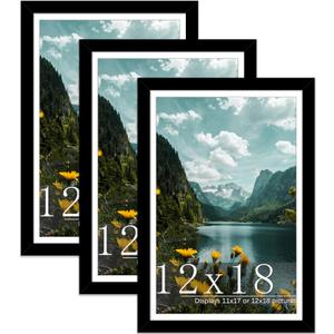 Picrit 12x18 Picture Frame 3 Pack, Black Poster Frame, Display Poster 11 x 17 with Mat or 12 x 18 Without Mat for Horizontal or Vertical Wall Mounting