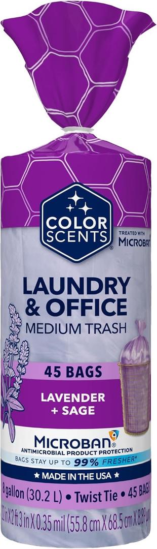 Color Scents Medium Trash Bags - 8 Gallon, 45 Bags (1 Pack of 45 Bags) Twist Tie - Purple in Lavender + Sage Scent with Microban