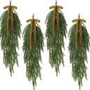 Shihanee 4 Pack Christmas Teardrop Swags with Rustic Velvet Ribbon Bow Artificial Realistic Norfolk Pine Greenery Swag for Festive Holiday Door Wall Home Porch and Mantel Decor (Khaki,24 Inch)