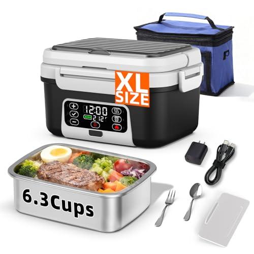 XL 6.3-Cups Cordless Electric Heated Lunch Box for Adults, 20000mAh Rechargeable Battery Powered Smart Self Heating Lunchbox for Men Women, 100W Food Warmer for Trucks Driver Travel Office Worker