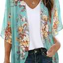 Women's Floral Print Puff Sleeve Kimono Cardigan Loose Cover Up Casual Blouse Tops (Medium, Aqua Blue)