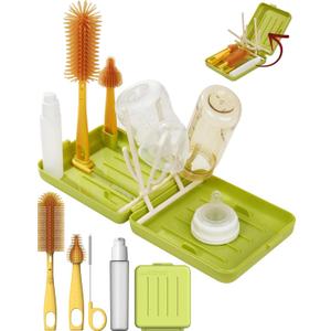 Travel Bottle Cleaner kit, 6 In 1 Baby Toddler Travel Essential Silicone Bottle Brush Set, Baby Bottle Soap Dispense, Drying Rack, Nipple, Straw Breast Pump Cleaning, Storage Case, Gift for Moms (Green)