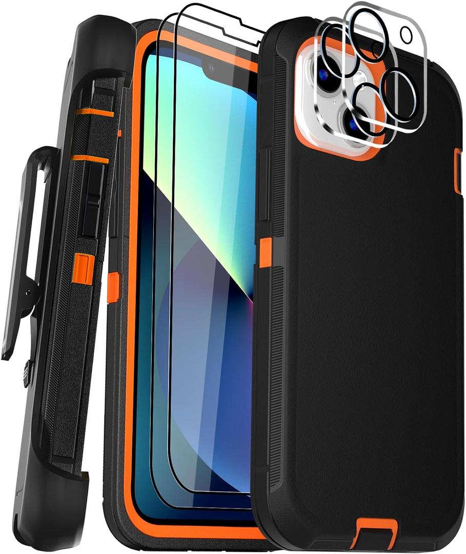 Case for iPhone 13 6.1" Case with Belt Clip Holster Kickstand, 2 Screen Protector & 2 Camera Lens Protector, Heavy Duty Full Body Protection Phone Case(Belt Clip,Black+Orange)