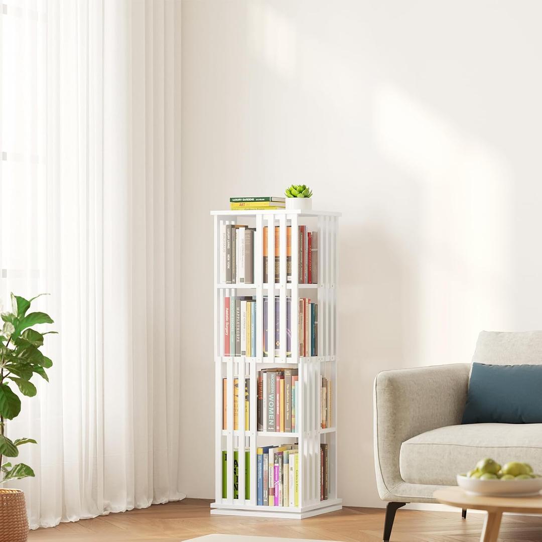 SpaceAid 4 Tier Rotating Bookshelf Tower, Bamboo Spinning Book Shelf, Revolving 360 Bookcase Storage Swivel Round Carousel, Vertical Rotate Turning Spiral Corner Organizer (4-Tier White)